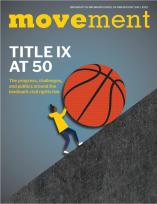University of Michigan School of Kinesiology, Fall 2022 - Movement Magazine - Title IX at 50: The progress, challenges, and  politics around the landmark civil rights law. Illustration of a student-athlete of color rolling a giant basketball up a steep incline.
