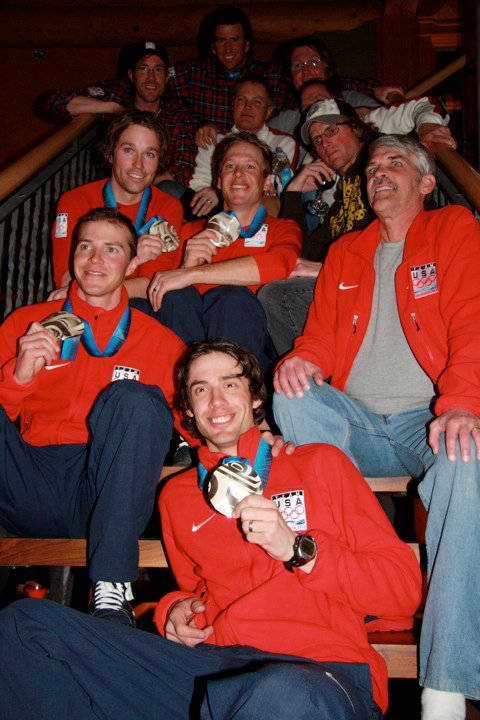 The U.S. Nordic Combined Ski Team celebrates their medals from the 2010 Winter Olympics.