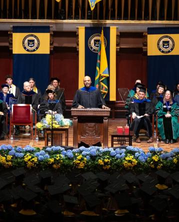 KeJuan Wilkins speaks at the U-M School of Kinesiology&#039;s commencement ceremony
