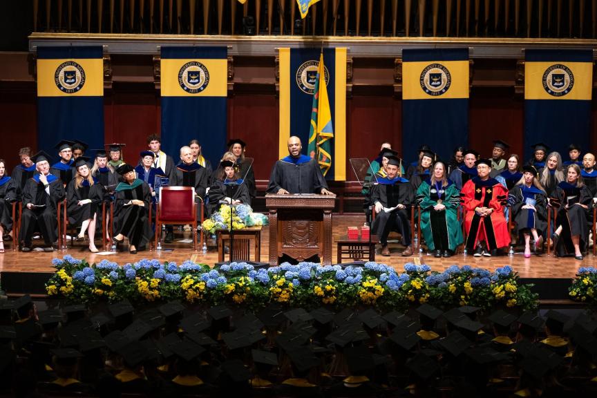 KeJuan Wilkins speaks at the U-M School of Kinesiology&#039;s commencement ceremony